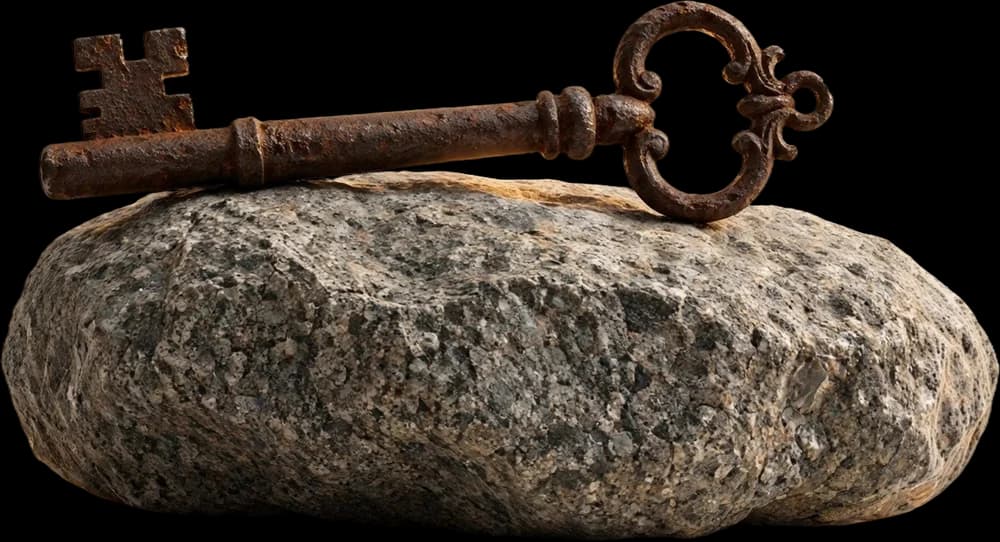 Llave antigua iluminada sobre una roca